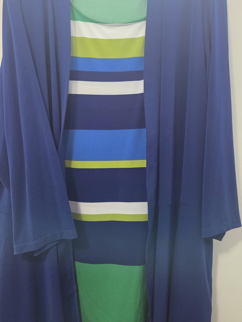 Susan Graver Navy Open Cardigan with Green-Striped Tank Top